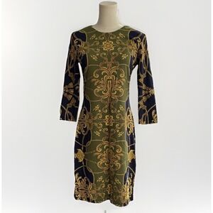 J. McLaughlin Sophia Catalina Dress Sz Small Olive Navy Baroque Print Chain